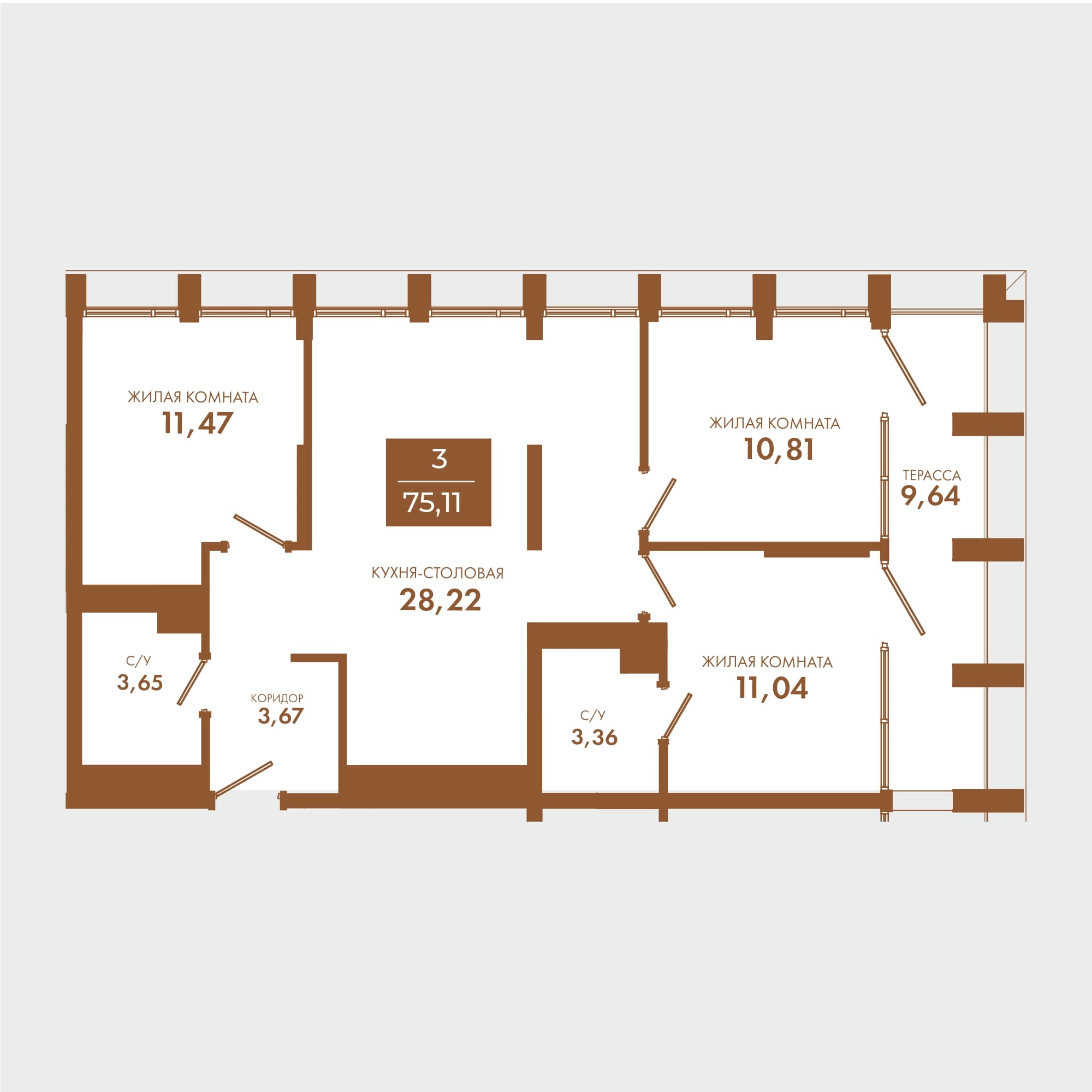 Планировка 3-комнатной квартиры 75,11 м.кв