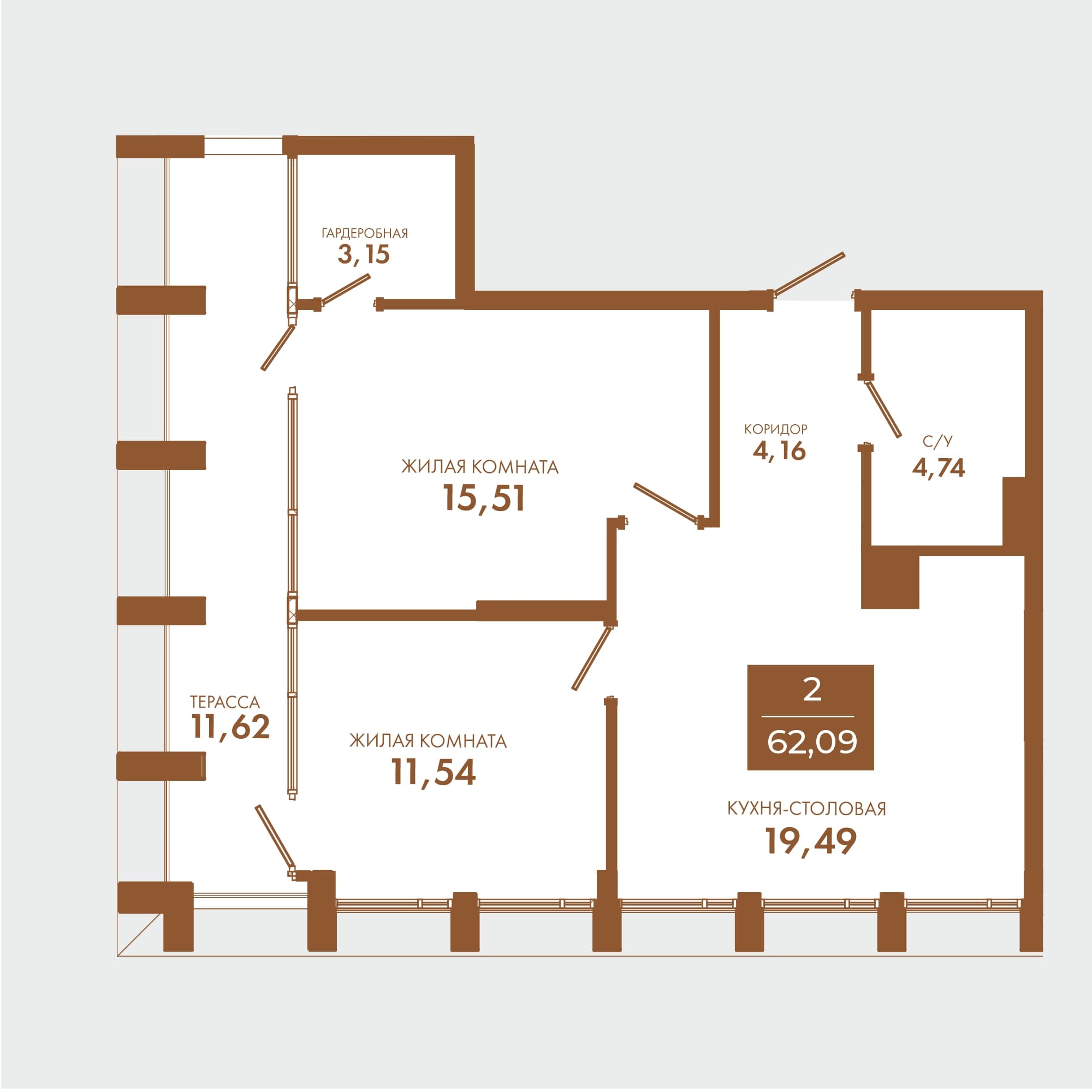 Планировка 2-комнатной квартиры 62,09 м.кв